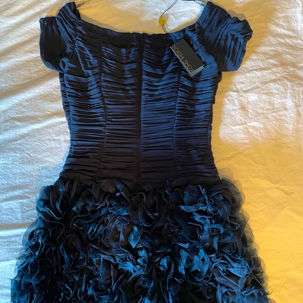 Tadashi Shoji short sleeved full length blue formal dress.